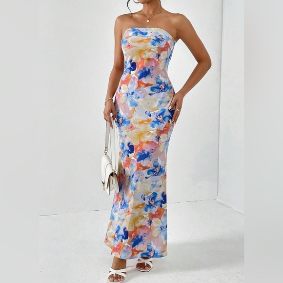 Maxi Dress - Blue and Orange Strapless NEW - Picture 3 of 6